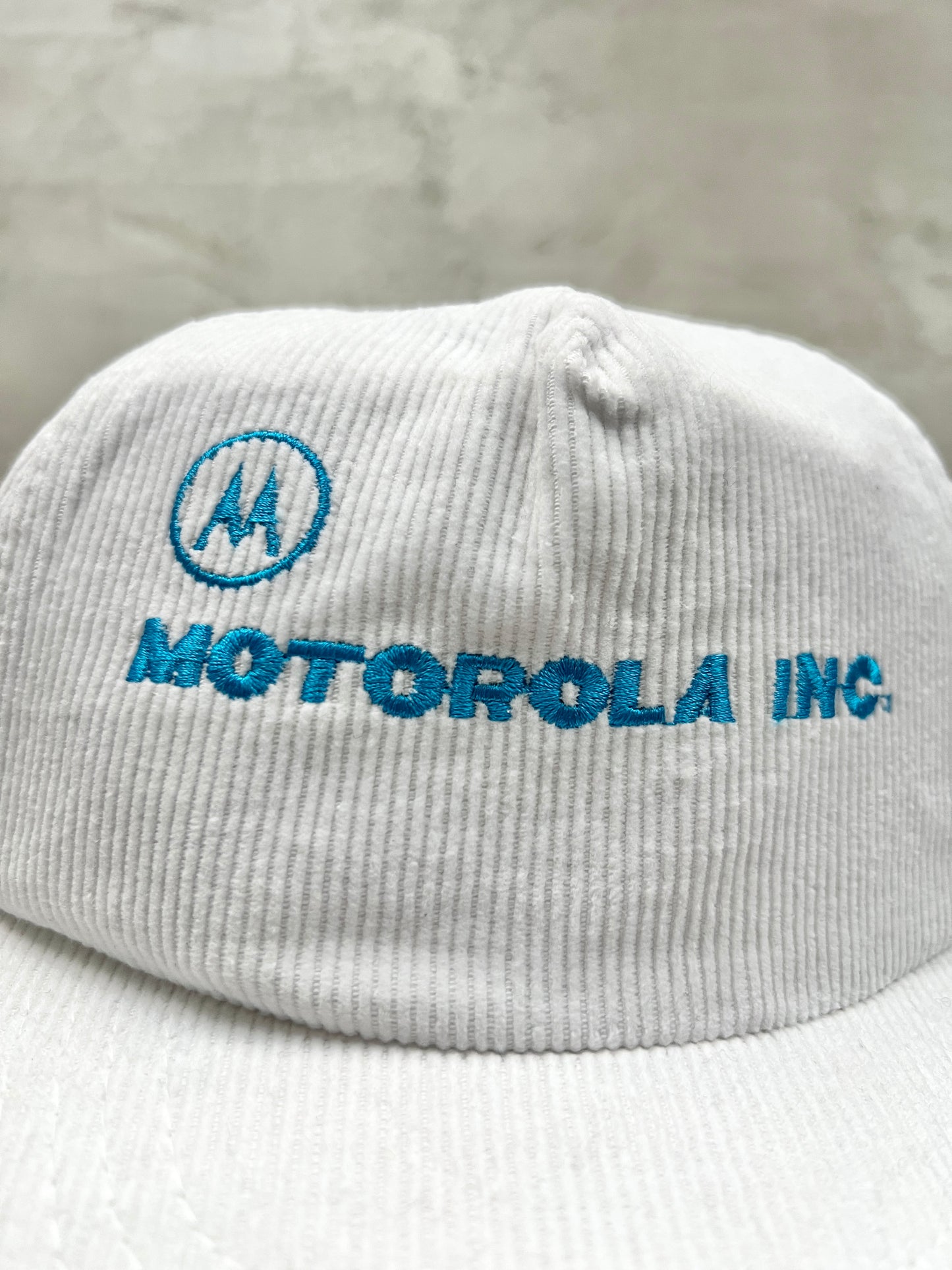 WHITE/BABY BLUE MOTOROLA CORDUROY CAP - 1990S