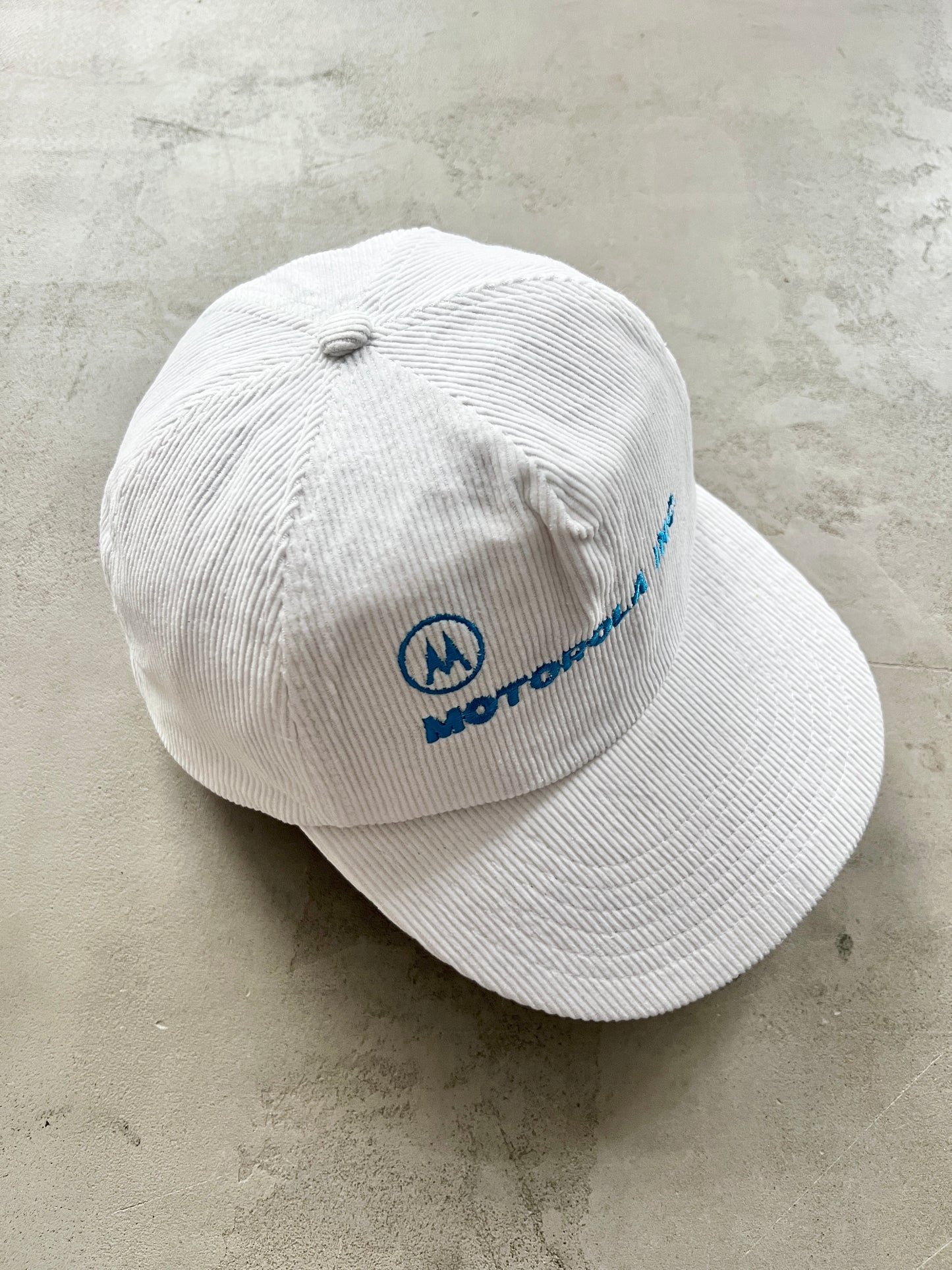 WHITE/BABY BLUE MOTOROLA CORDUROY CAP - 1990S