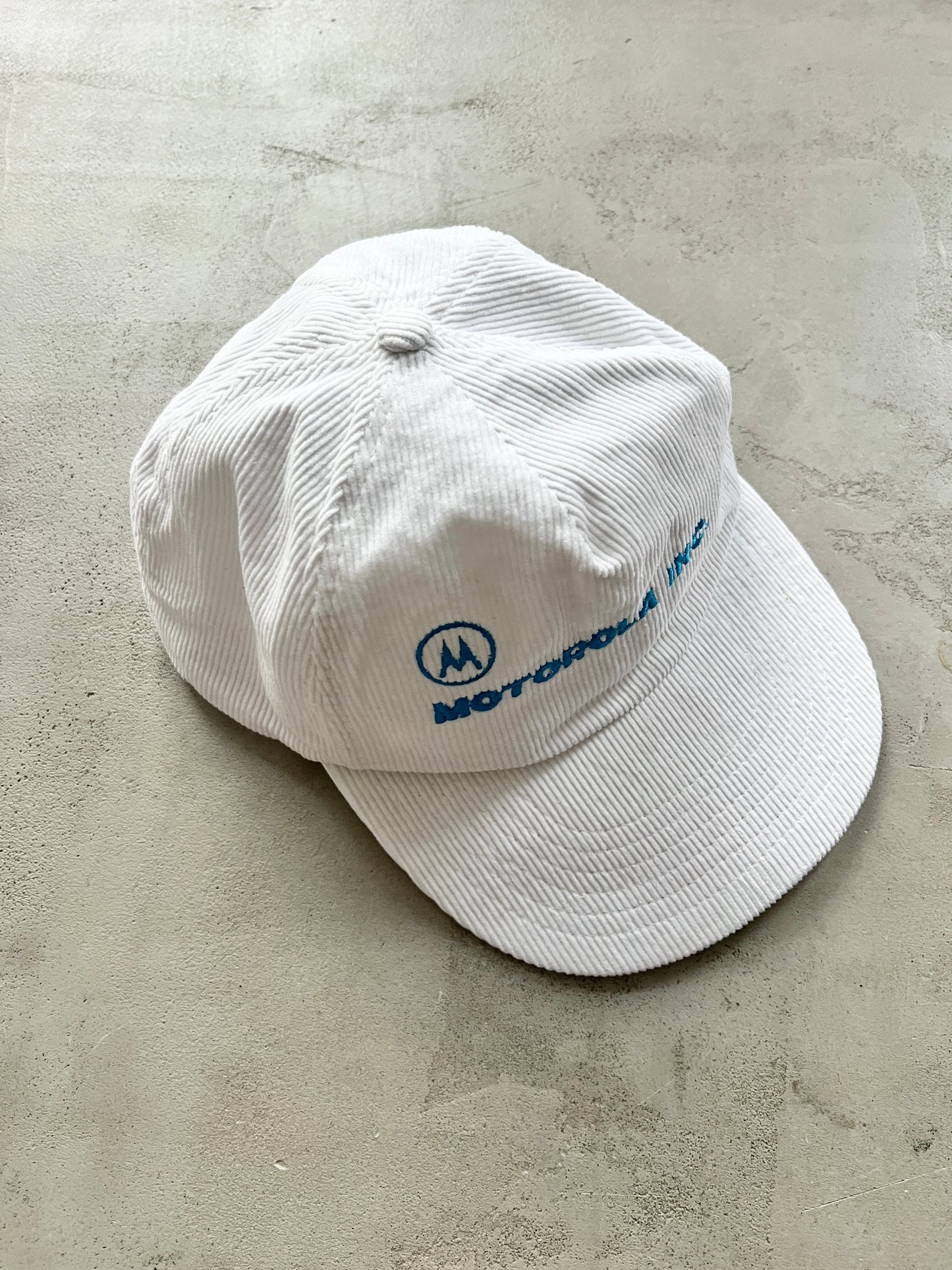 WHITE/BABY BLUE MOTOROLA CORDUROY CAP - 1990S