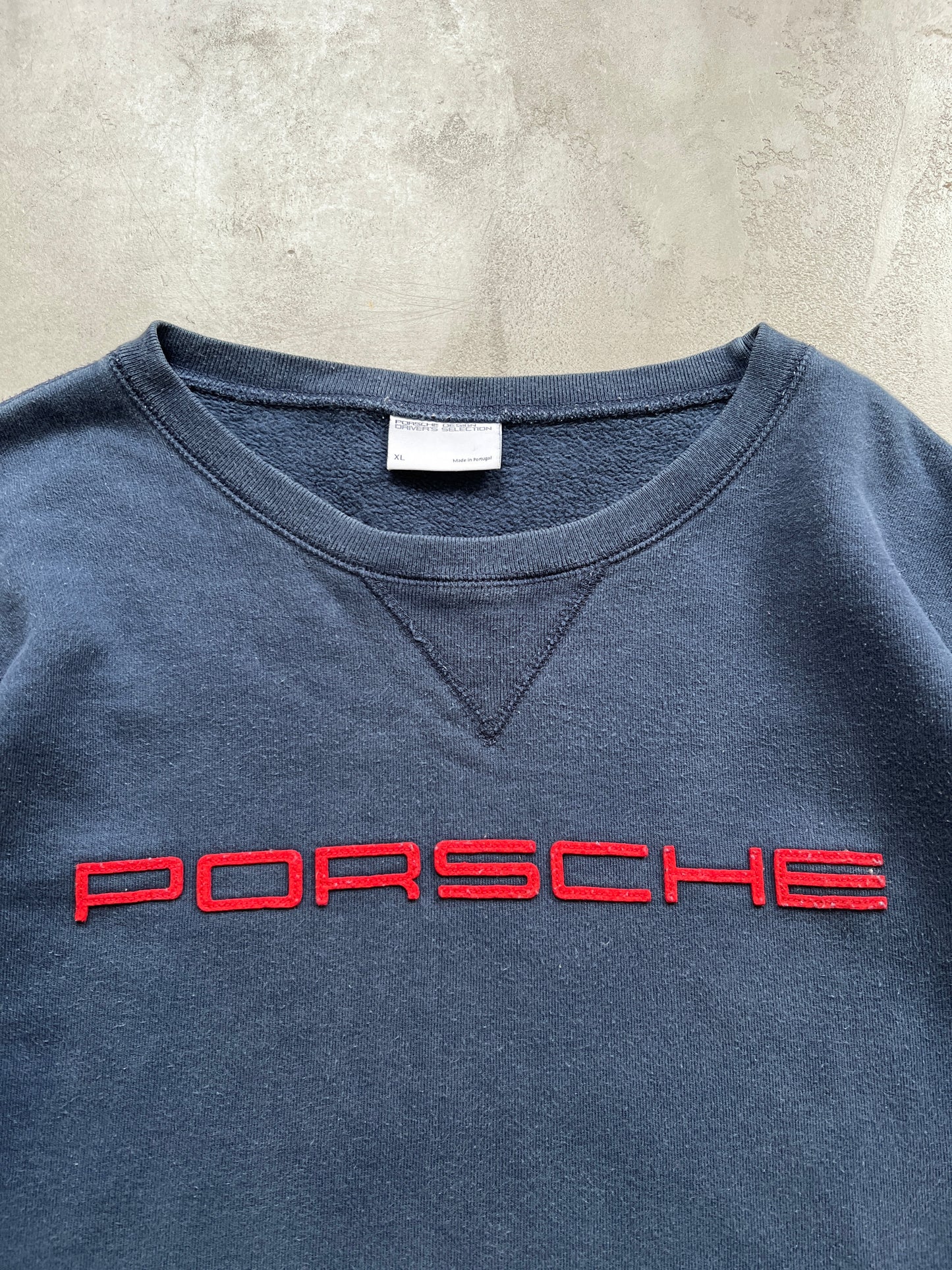 FADED GREY/NAVY PORSCHE SWEATER - 1990S - XL