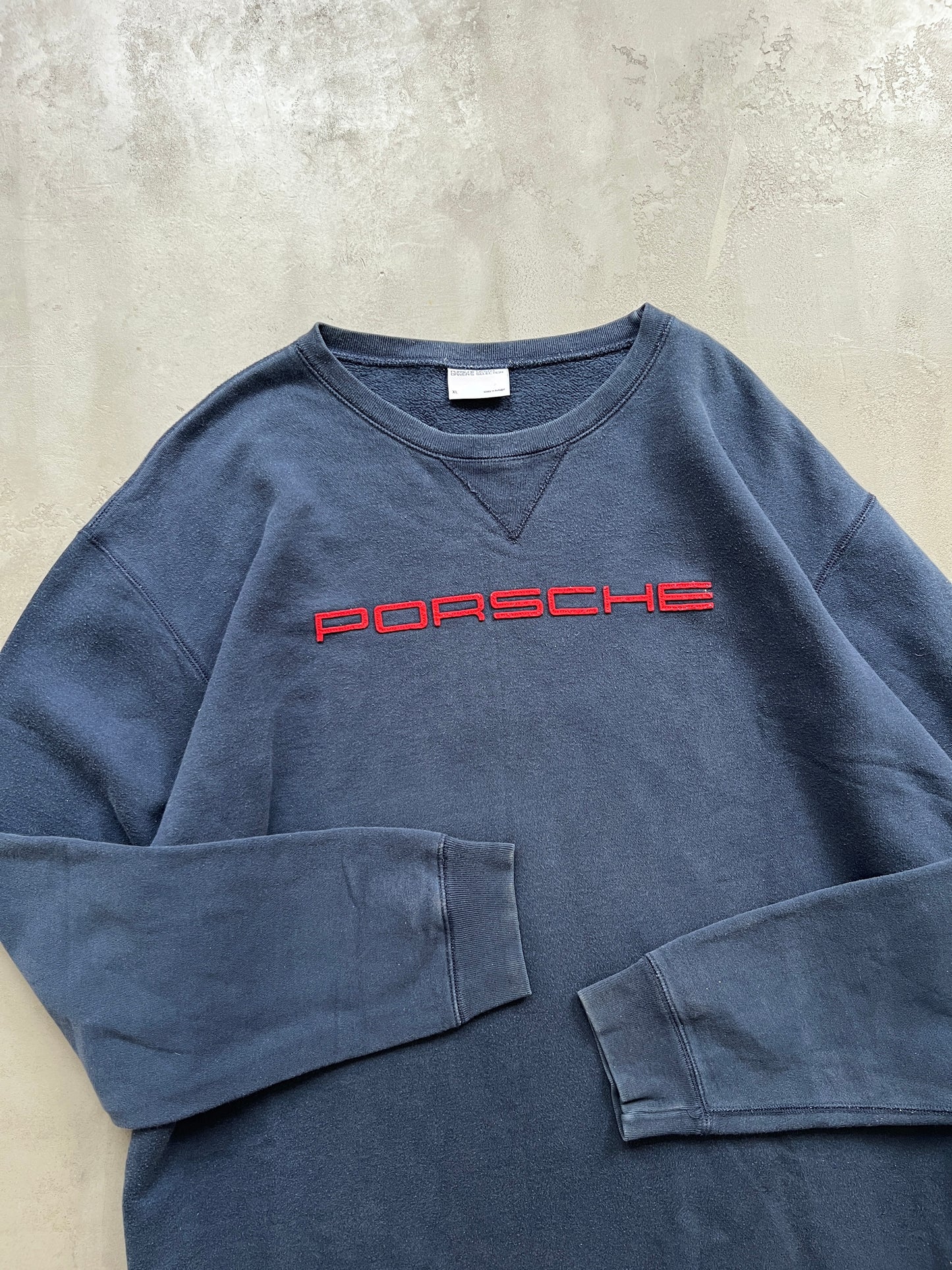 FADED GREY/NAVY PORSCHE SWEATER - 1990S - XL