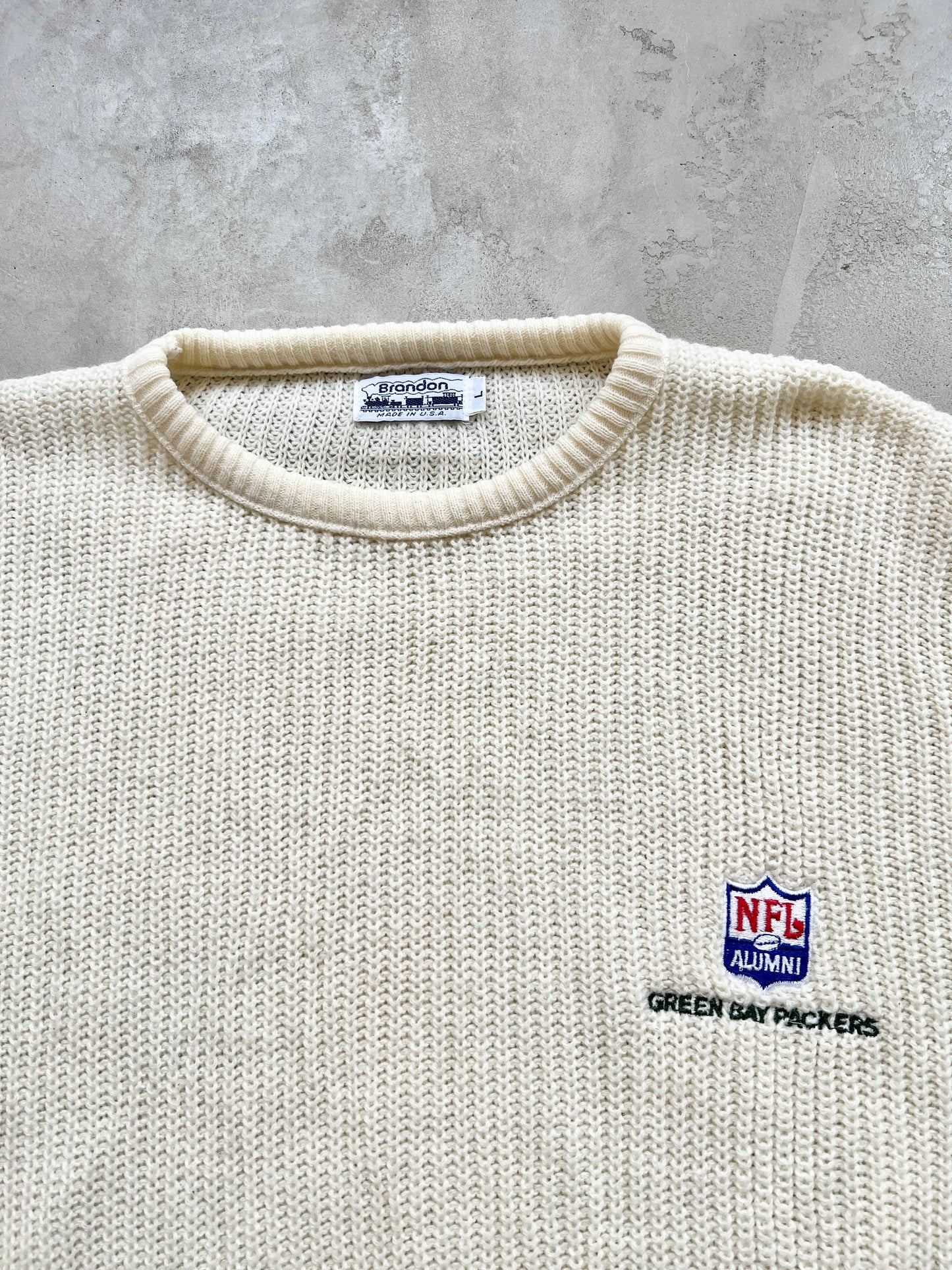 LIGHT BEIGE GREEN BAY PACKERS NFL KNIT SWEATER - 1990S - L